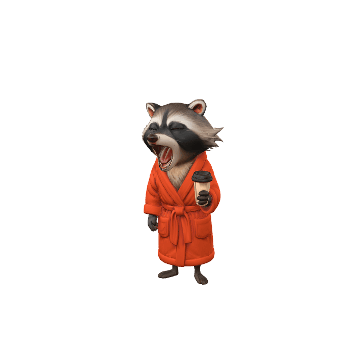 Cute raccoon illustration, Sleepy animal character, Raccoon with coffee cup 3D model. Free for use. - Image 1