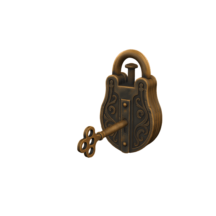 Vintage padlock 3d model, Antique brass lock and key, Ornate old lock 3d 3D model. Free for use. - Image 1